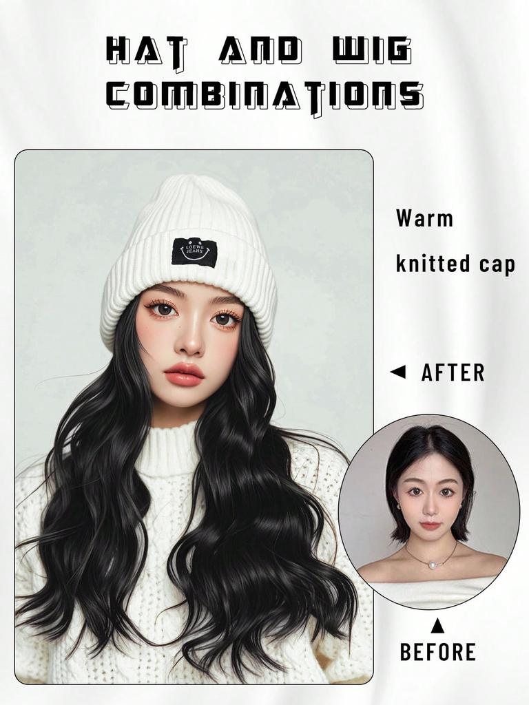 Peruki syntetyczne z symbolem uśmiechniętej buźki z długimi, dużymi falami do przedłużania włosów dla kobiet i dziewcząt, modny design, kapelusz i peruki w jednym kawałku do codziennego użytku