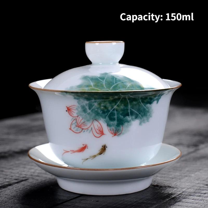 Jingdezhen-Porcelain Tea Set, Ceramic Teacups and Saucers, Handpainted Lotus, Travel, Easy Gaiwan, Porcelain Cup, Tableware