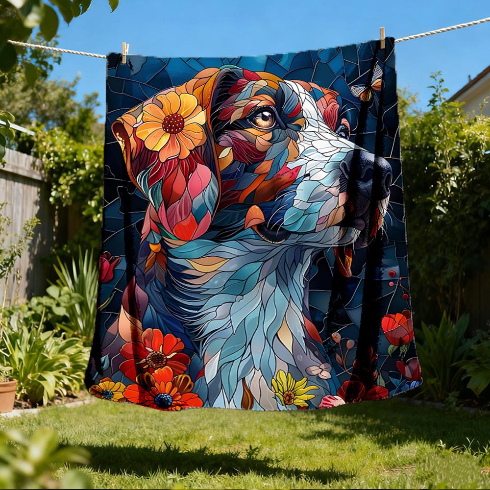 1pc Stained Glass Dog Outdoor Flannel Blanket, Cozy & Warm Soft Te Playful Design, Napping Camping,