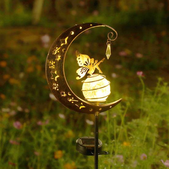 Fairy Moon Solar Garden Stake Light, Waterproof Half Moon LED Pathway Decor, Crackle Glass Ball LED Light, Metal Crescent Lamp for Outside Yard Patio