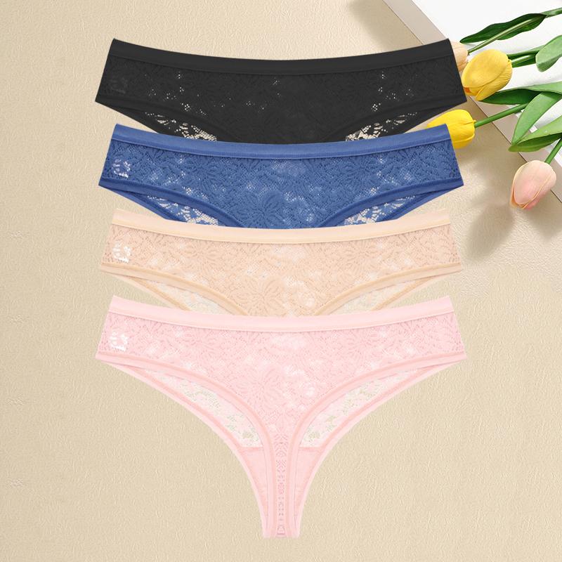 4Pcs Lace Hollow Out Thongs Underwear Women Floral Print Panties Sexy Low-Waist G-String Girls Soft Perspective Lingerie