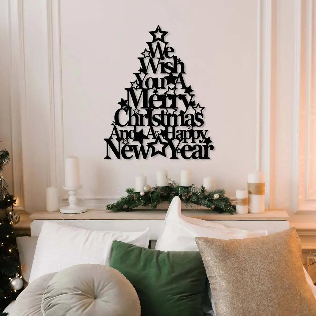 1pc Merry Christmas & Happy New Year Metal Wall Decor - Heavy-Duty Cast Iron Holiday Decoration with Christmas Tree Design