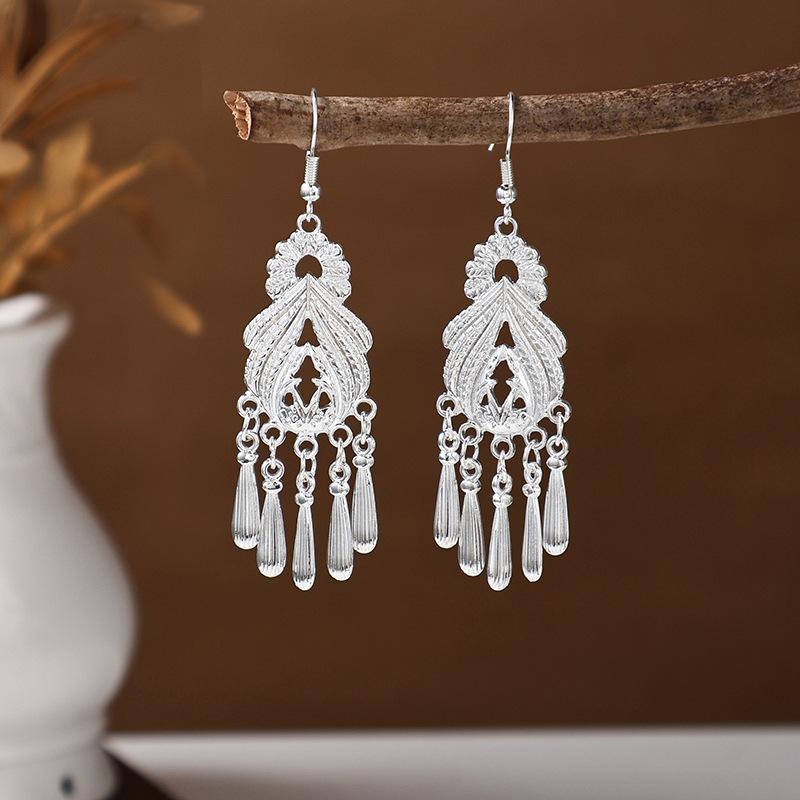 Ethnic Miao Silver Tassel Earrings - Retro Long Dangle Scenic Studs for Women