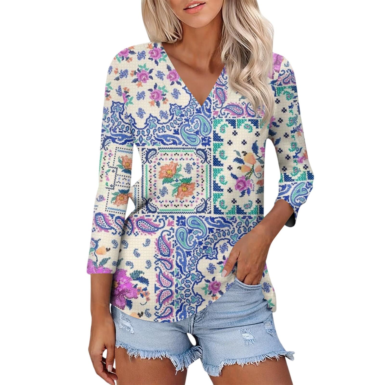 

Женский Повседневный Модный Сексуальный Удобный Топ с V-образным вырезом и Цветочным Принтом, Рукав Три Четверти L