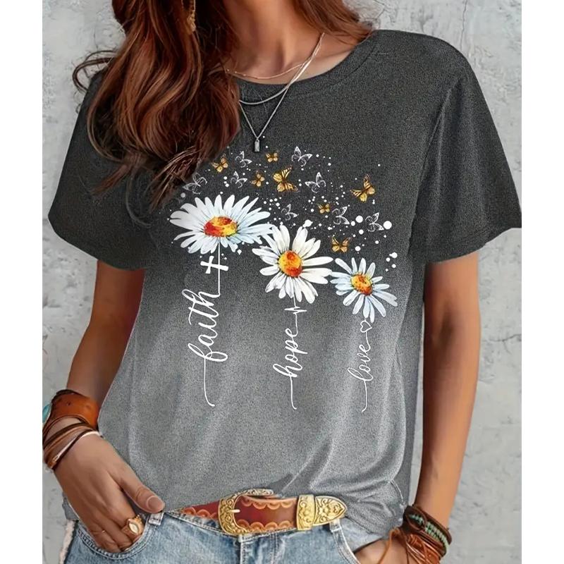 

Women Summer T Shirt Retro Fashion Short Sleeve Tees Casual Flower Printed Tops XS чорний