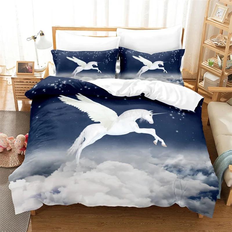 Bettdecke Weißes Einhorn Twin Size Süßes Fliegendes Pferd Bettwäsche-Set Für Teenager Kind Mädchen Mikrofaser Wildtier Bettdecke
