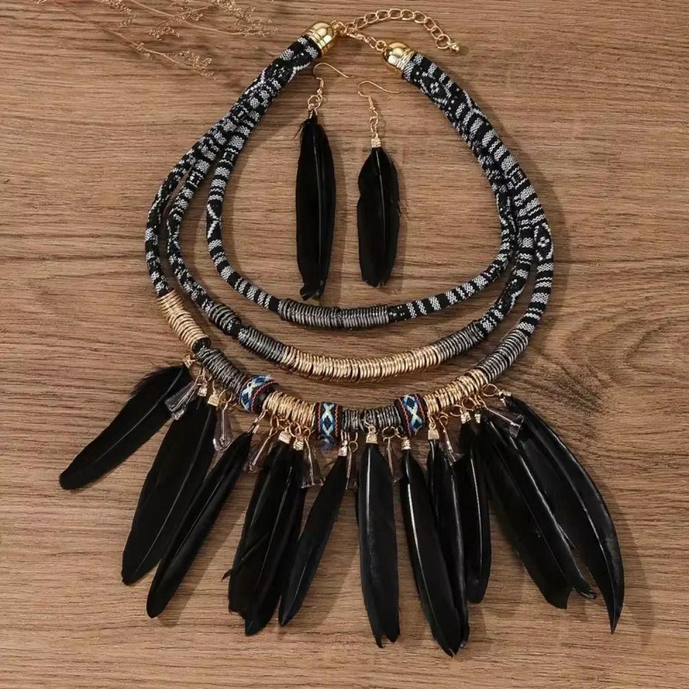 Fashion Feather Tassel Necklace Vintage Ethnic Jewelry Set Bohemian Necklace  Dating Accessories