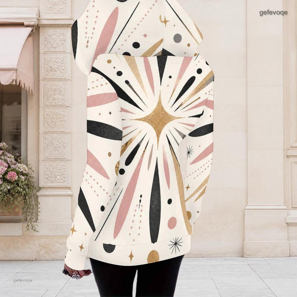 Women Plus Size Asymmetric Cutout Neck Long Sleeve Geometric Printed Fitted Hooded Shirt