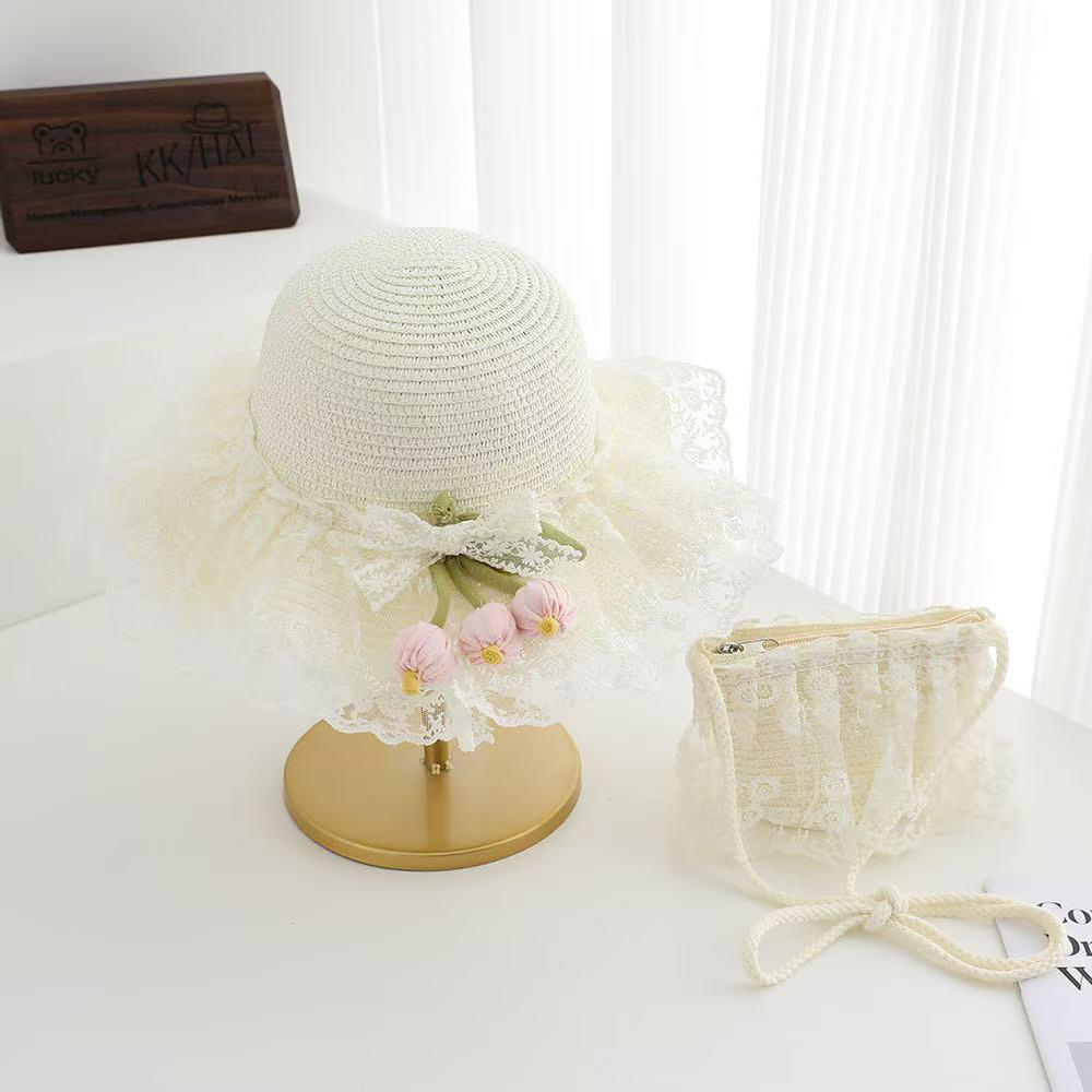 Woven Tulip Lace Straw Sun Hat for Baby Girls - Summer Beach & Outdoor Sun Protection