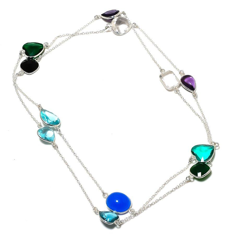 

Natural Swiss Blue Topaz, Chalcedony 925 Sterling Silver Necklace 36 r4Y26
