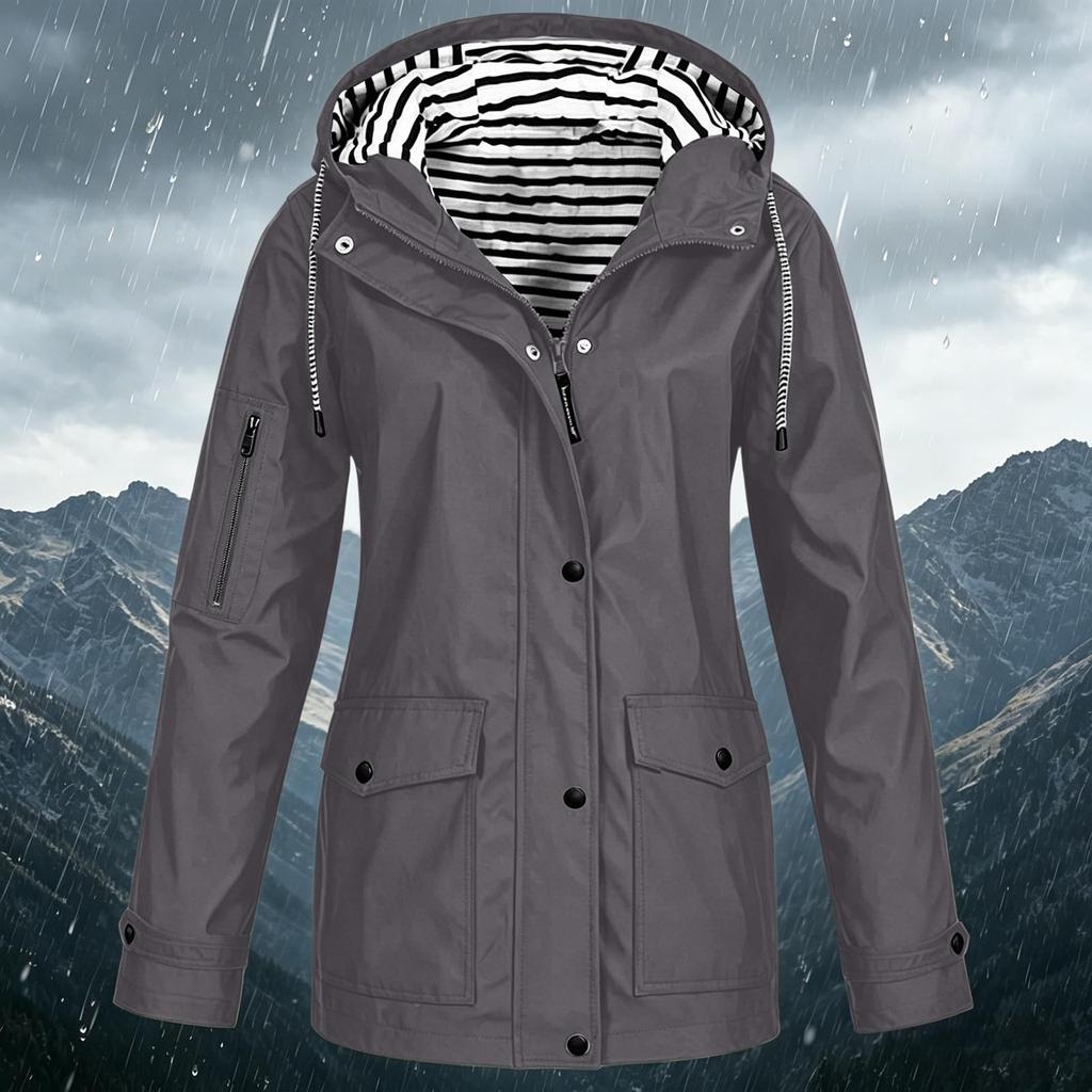 Women's Fashion Solid Color Hooded Loose Casual Waterproof Outdoor Jacket Lightweight Windbreaker Raincoat for Hiking Camping