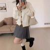 Contrasting color lapel horn buckle knitted cardigan women's autumn and winter new lazy wind loose soft waxy sweater jacket tide