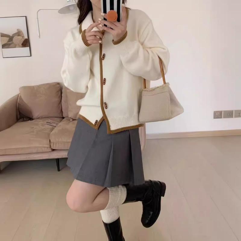 

Контрастный цвет лацкана, вязаный кардиган с роговой пуговицей, женский осенне-зимний новый ленивый ветер, свободный мягкий восковой свитер-жакет, тренд One Size абрикосовый