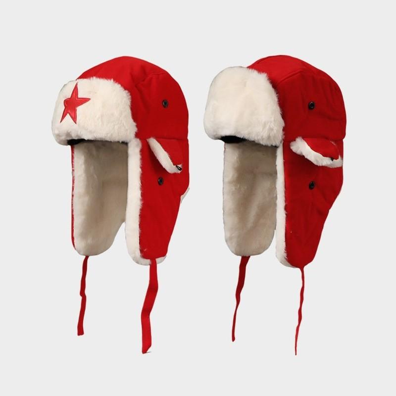 Red Bomber Hat, Winter Thickened Warm Plush Ear-Protecting Hats Men And Women, Hiking Skiing Cycling Windproof Outdoor