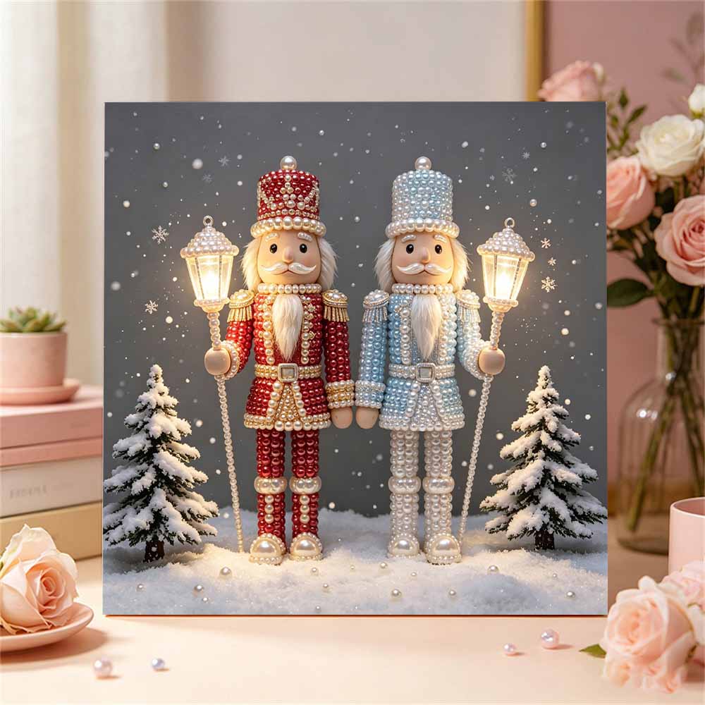 Gerahmtes Perlenkunst-DIY-Set mit zwei Nussknacker-Soldaten, Weihnachtsdesign, 3D-funkelnde Perlen-Leinwandmalerei, handgefertigtes Geschenk für die Heimdekoration