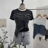 Women's Summer Retro Sweet Cool Short Denim Mesh Patchwork Top Bottom Shirt Short Sleeved T-shirt