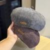 New Corduroy Letter Leather Label Beret for Women Early Autumn Casual Fashion Versatile Painter Hat Temperament Literary Pumpkin