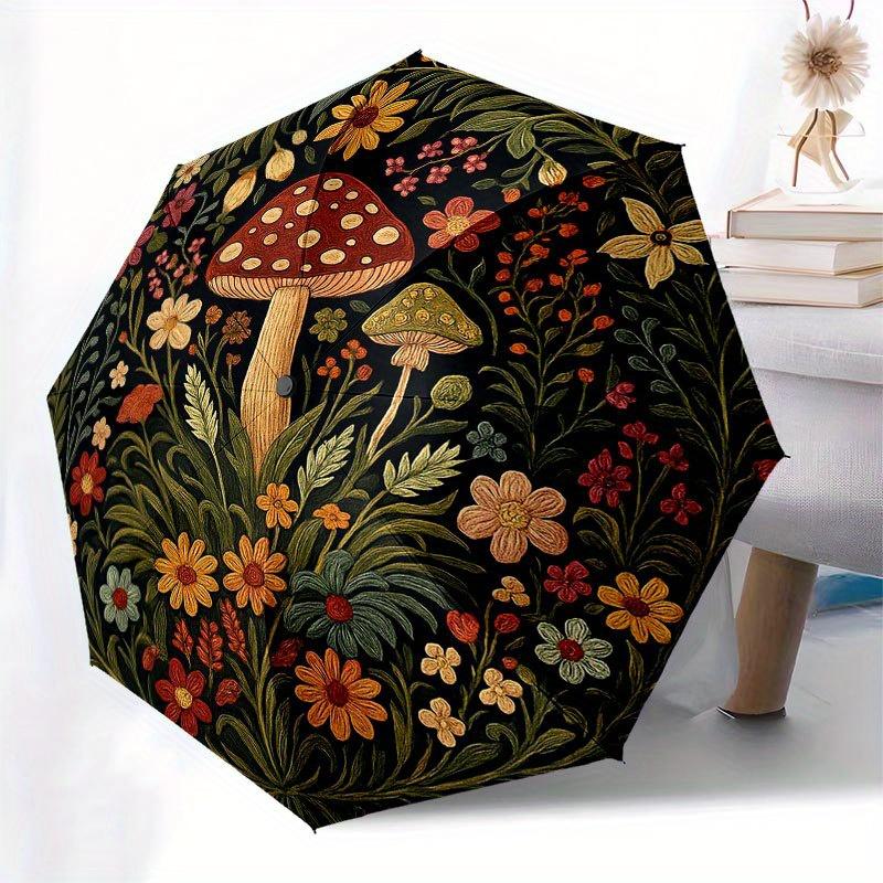 Enchanted Forest Mushroom Rug, Vibrant Floral Round Carpet for Home Decor Umbrella, Cute Umbrella with Cute Design, Portable 3-Fold Compact Umbrella F