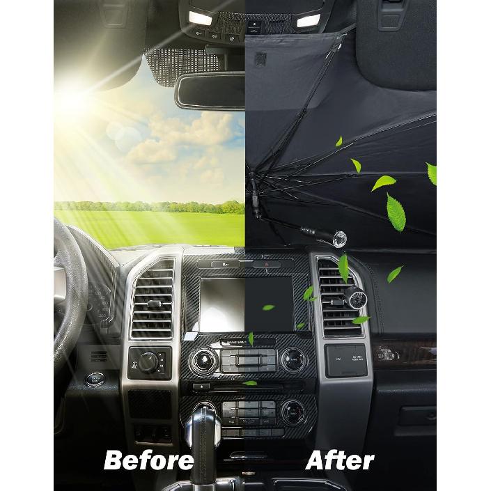 JOYTUTUS Windshield Sun Shade Umbrella, Fit for Ford 2015-2025 F150 F250 F350, Front Window Sun Shade with 360° Rotation Bendable Shaft, Titanium