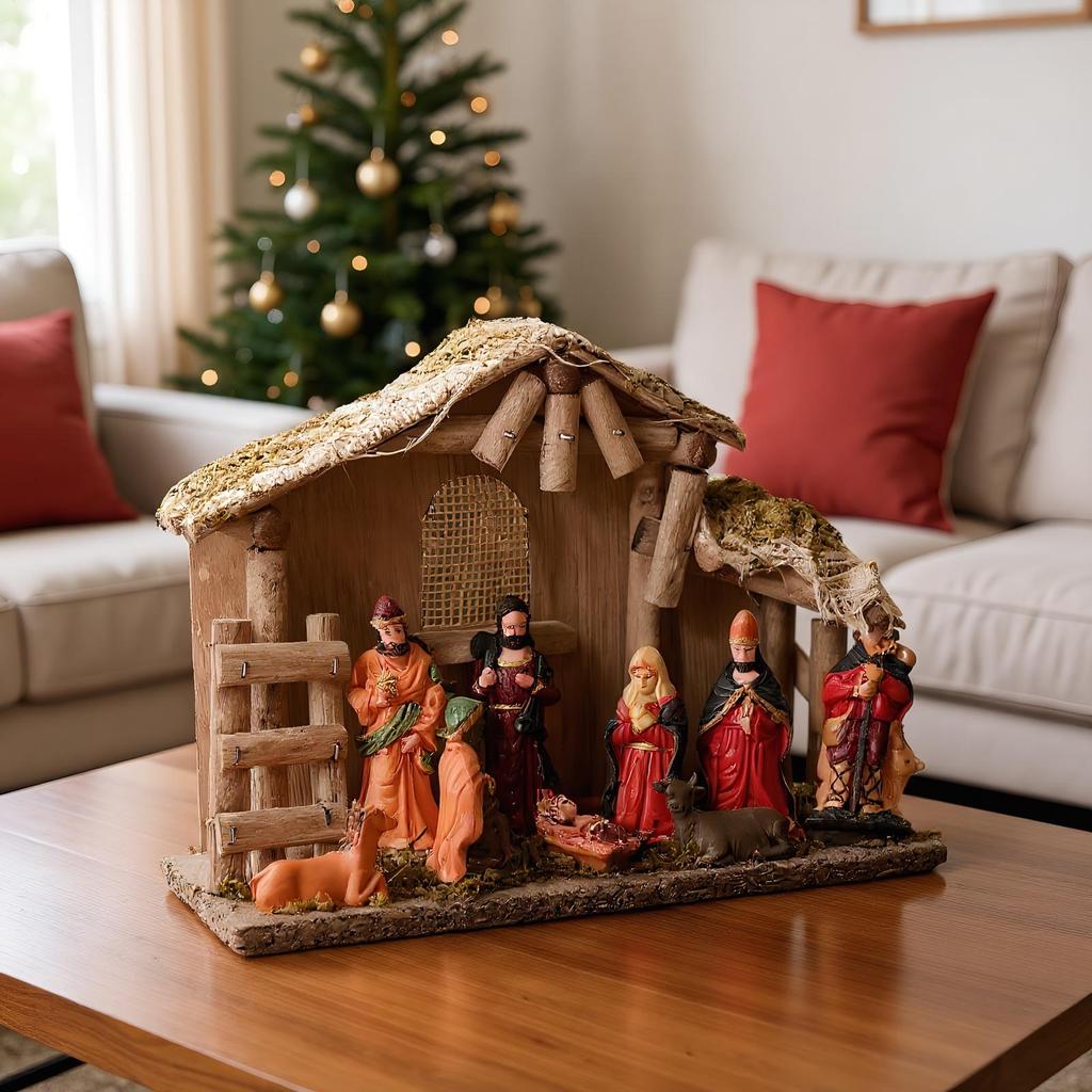 Nativity Scene Figures Religious Festive Miniature Figurine Set Jesus Manger And House Figure Ornaments For Windowsill Home