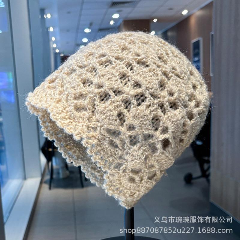 Spring and Autumn Hollow Double Layer Cotton Thread Handmade Crochet Baotou Hat Female Elegant Retro Sweet Decorative Knitted Cold Hat