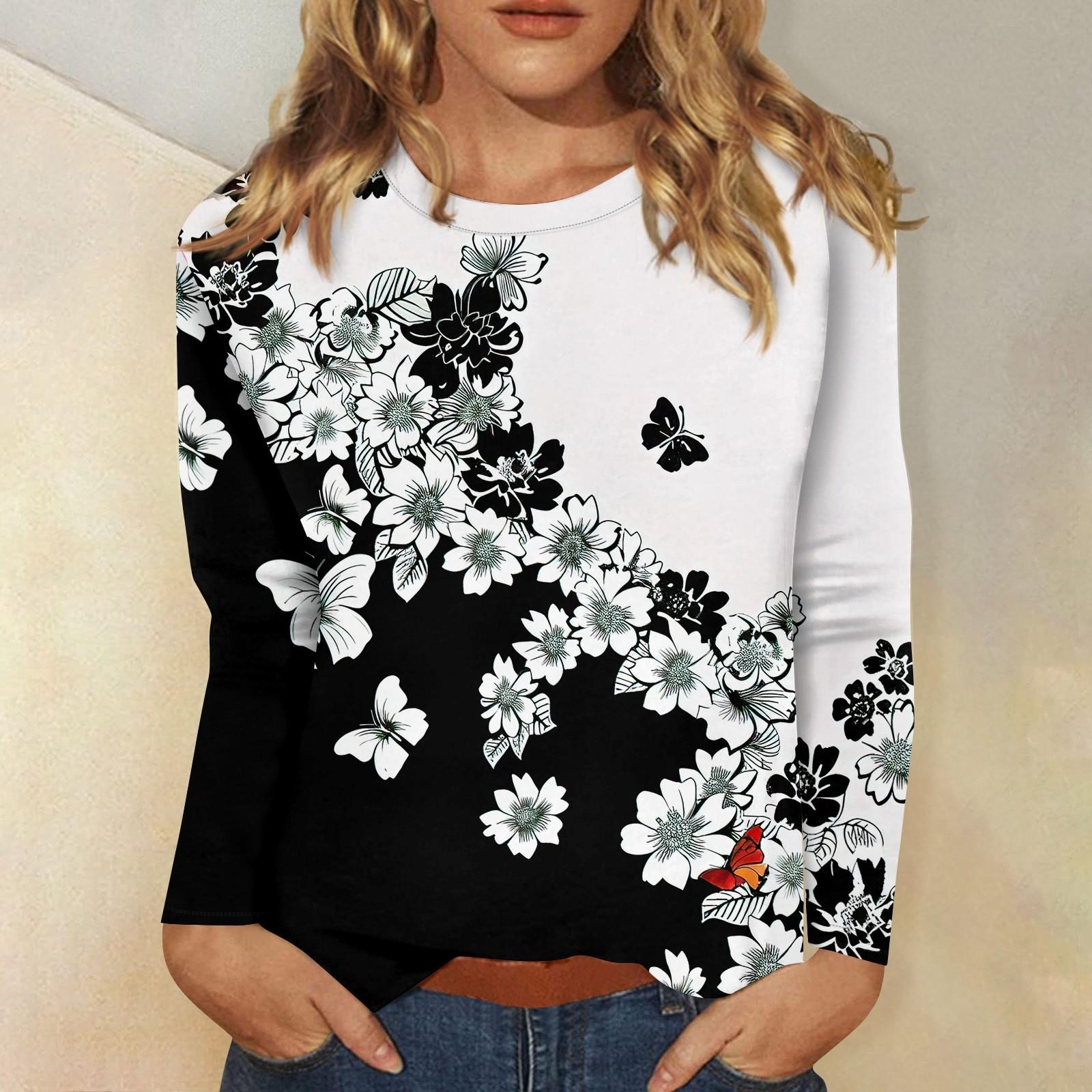 Женский модный повседневный пуловер с круглым вырезом и длинным рукавом с цветочным — фото 10