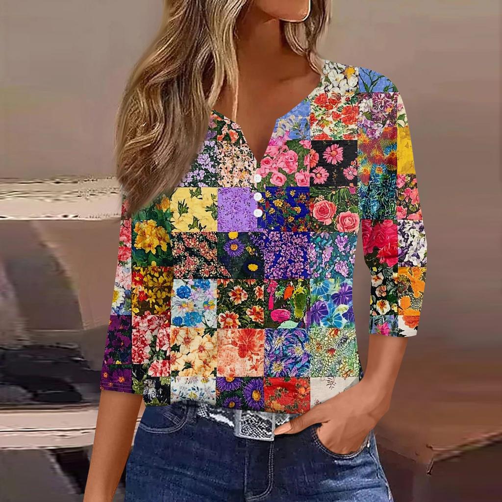 Women's T Shirt Tee Print Button  3/4 SleeveDaily Weekend Fashion Basic V- Neck Regular Top