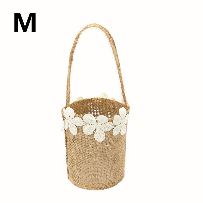 Wedding Lace Burlap Flower Basket Linen Handle Vintage Flower Basket Rustic Wedding Ceremony Lace Satin Flower Basket
