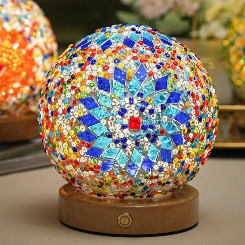 Creative LED Desk Lamp USB Button Warm Dimming Stained Glass Bohemian National Style for Home Bar Bedroom Decor LED Table Lamp