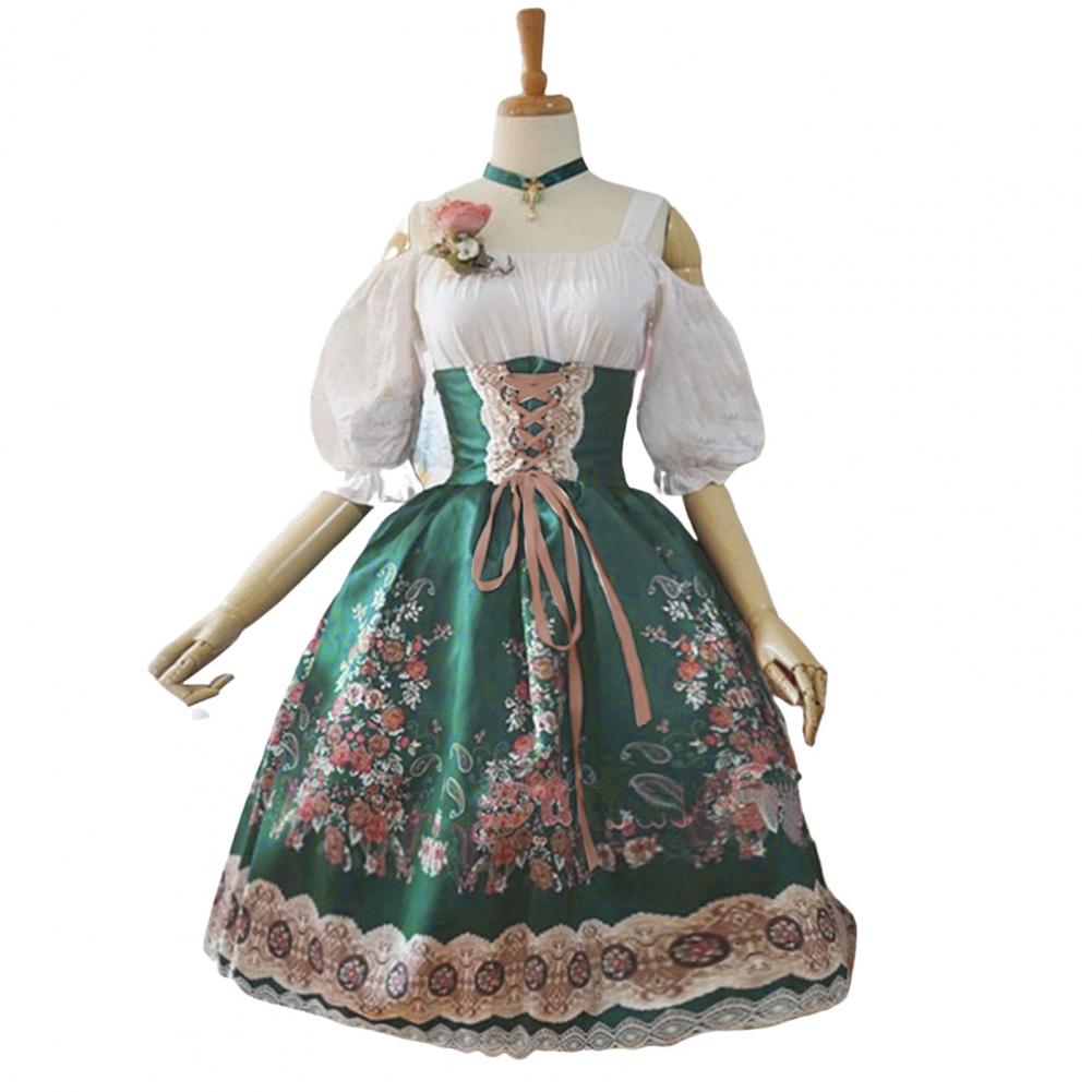 Justerbar stroppkjole Elegant Lolita Princess Style A-linjekjole med blonde blomstertrykk Off Shoulder Design for kvinner