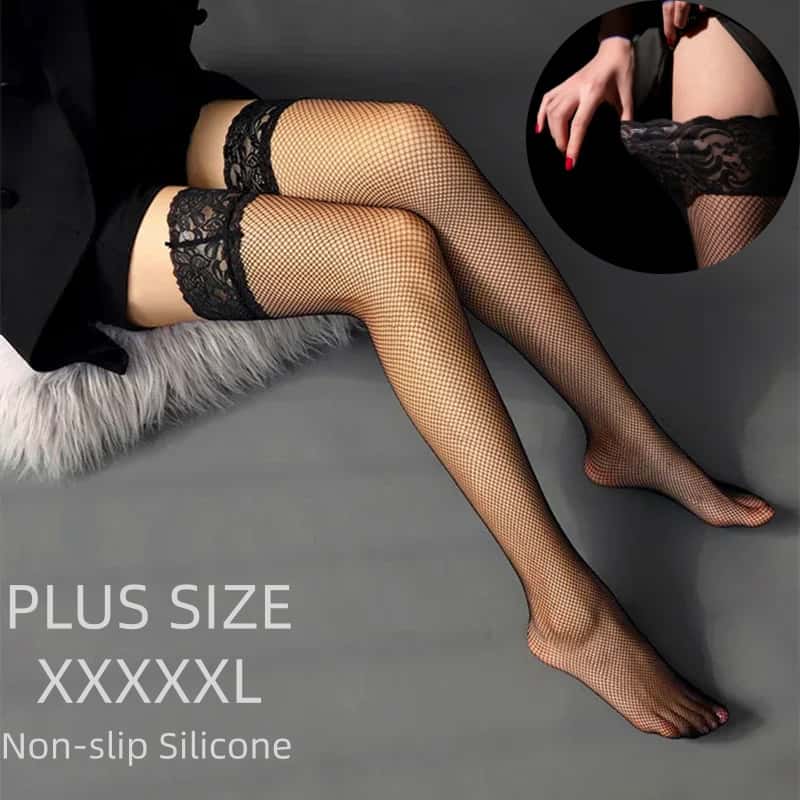 Floral Lace Fishnet Over Knee Socks Stockings For Plus Size Women Slip Transparent Sexy Large Mesh Stocking Lolita Girls Tights