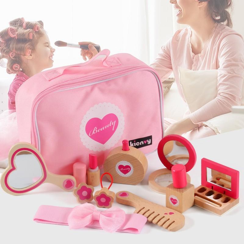 Kids Wooden Makeup Simulation Dressing Up Makeup Playing House Character Dress Up Toy Barber Bag Log Solid Wood Toy
