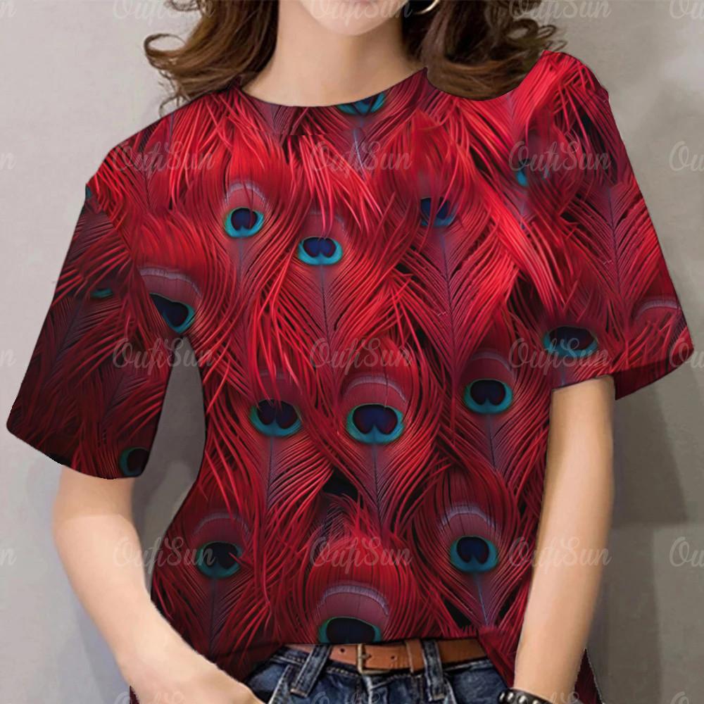 

3D Peacock Feather Printed Women s T-shirt Fashion Short Sleeve T-shirt Round Neck Casual Top Women s Sportswear 6XL