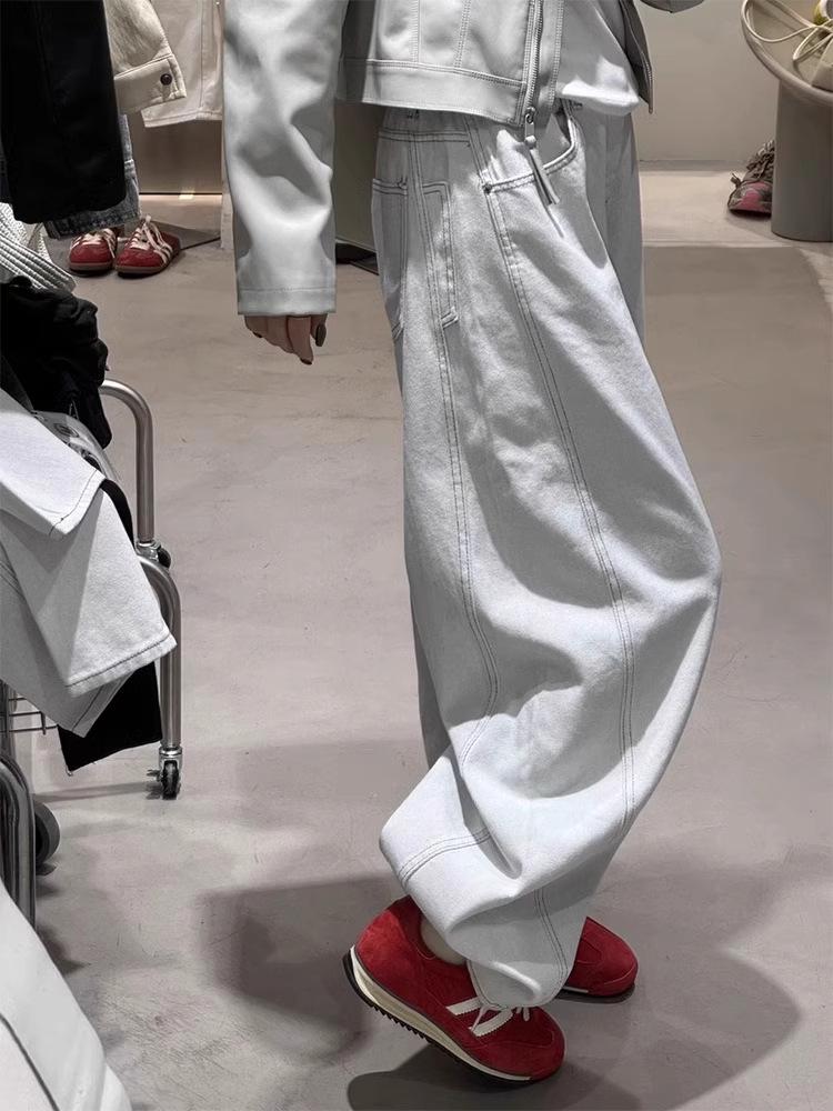 Women's White High Waist Wide Leg Jeans - Curved Knife Design, Plus Size, Slimming, Spring/Autumn 2025.