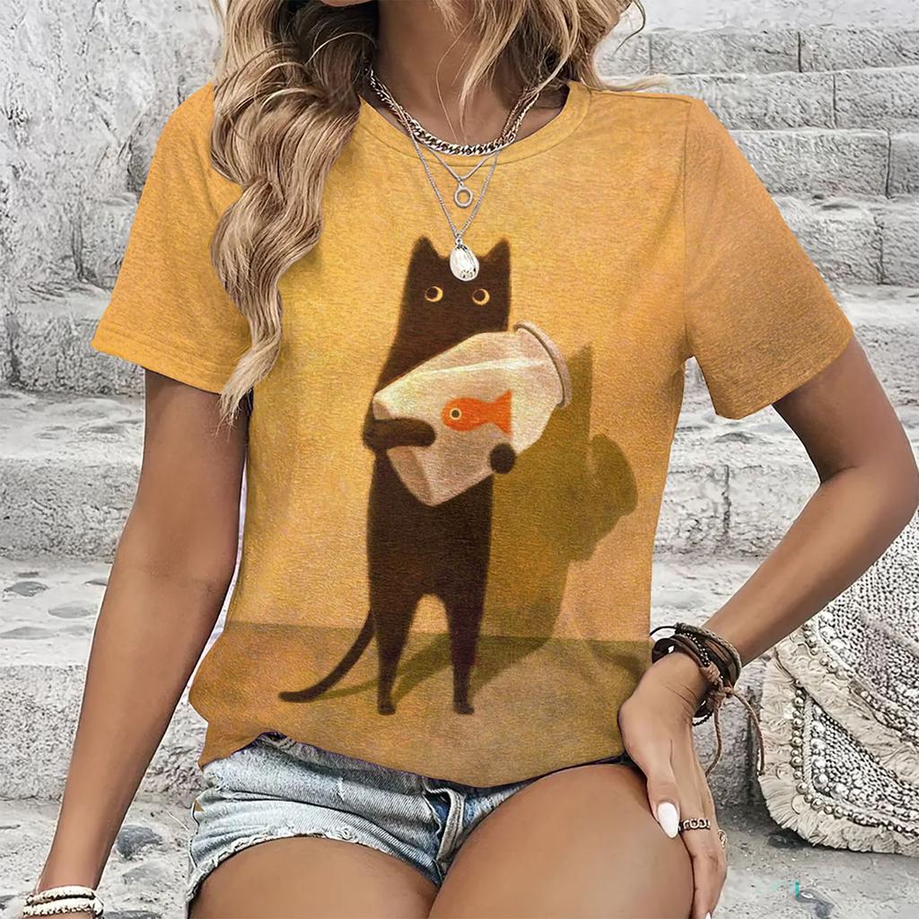 Summer Round Neck Cartoon Animal Pattern 3D Print Top Fashionable Casual Short Sleeved Women's T-shirts
