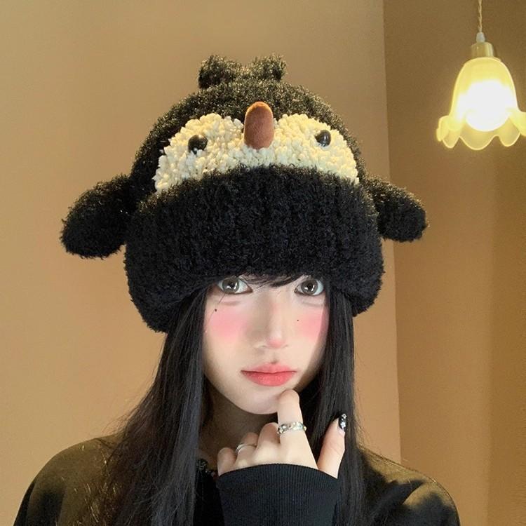 Cute penguin plush knitted hat children's autumn and winter new warm face small ear protector head Lei Feng hat