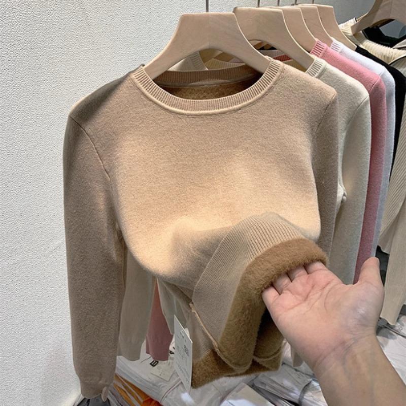 Warm and thickened integrated fleece sweater knitted sweater round neck lazy front shoulder design top new in autumn and winter