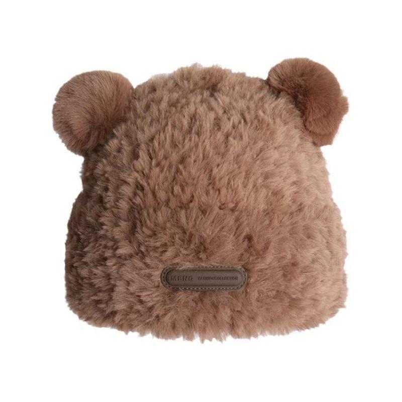 Cute bear wool hat women's winter plush warm fluffy autumn and winter big head circumference knitted hat