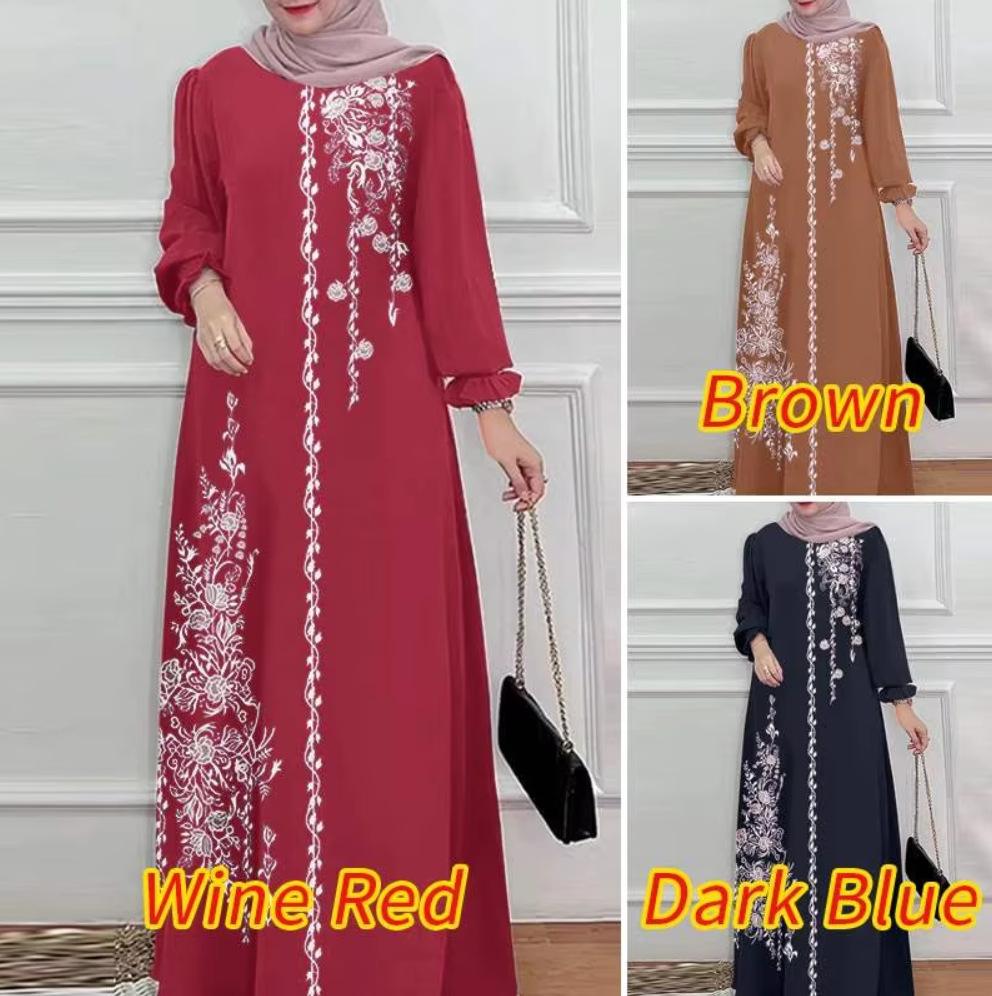 Accappatoi Lunghi a Maniche Lunghe Abaya Donna Moda Musulmana Scollo a O Casual Vestidos Ampi Turchia Stampa Floreale Abito Maxi
