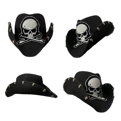 Vintage slaměný pletený klobouk Ženy Muži Dámský kovbojský klobouk s výšivkou Lebka Punk Západní styl Baret Muži Cosplay Klobouk