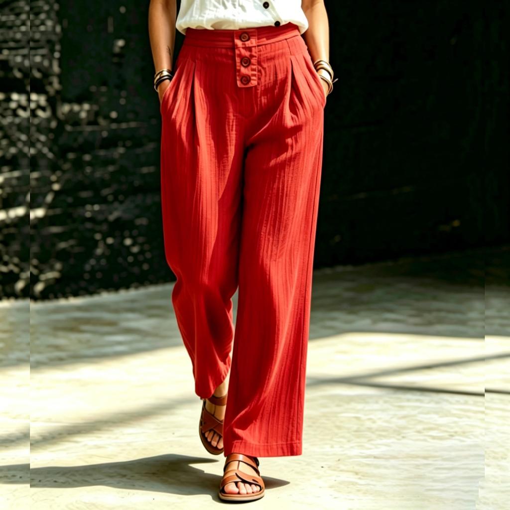 Women’s High Waist Loose Fit Pleated Wide Leg Casual Pants with Button Detail and Side Pockets for Everyday Wear