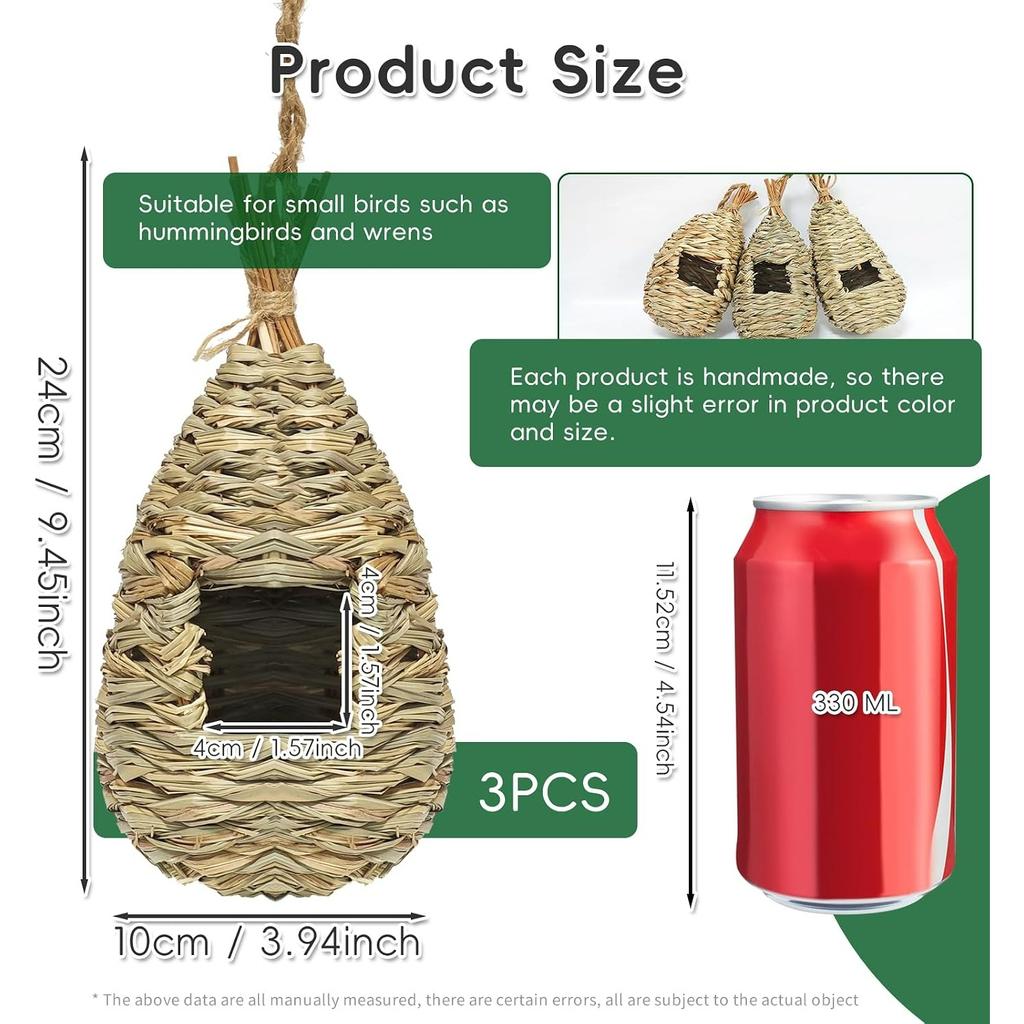 Hummingbird Houses for Outside Hanging, Natural Grass Hanging Bird Hut, Hand Woven Bird Nest, Large Wren Finch Bird House for Garden Window Outdoor