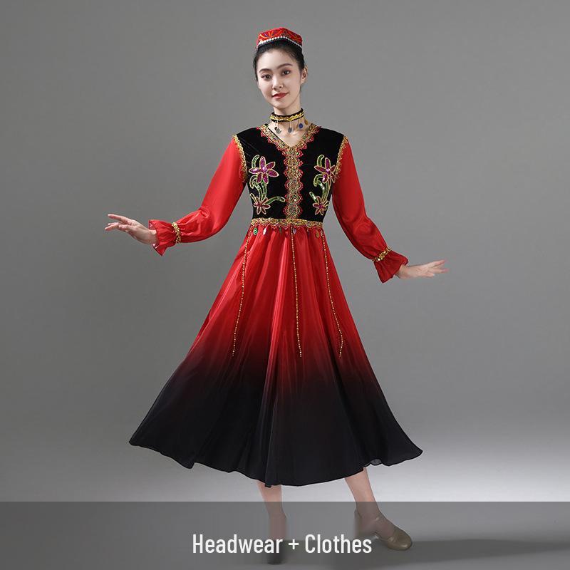 

Комплект костюма для уйгурского танца: Синьцзянский топ и юбка для практики или экзаменов по искусству 3XL