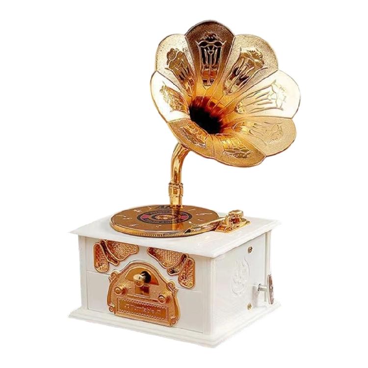 Antique Gramophone Music Box With Mechanical Hand Crank Operations Phonograph Ornament for Decorative and Gift Giving белый