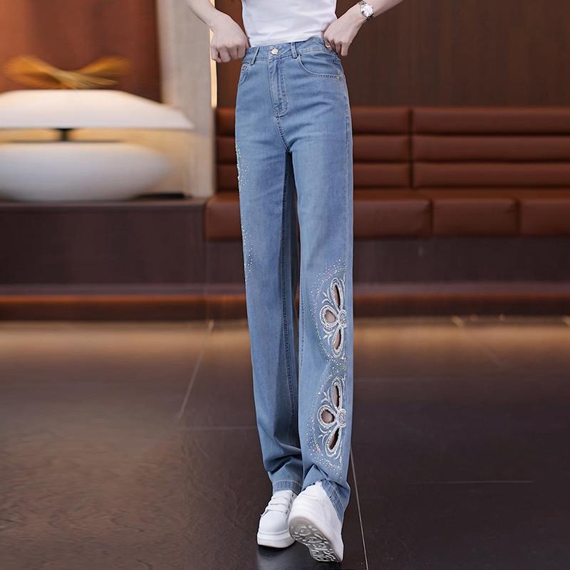 New Chinese style women's national style embroidered wide-leg jeans women's summer hollow narrow version thin straight pants