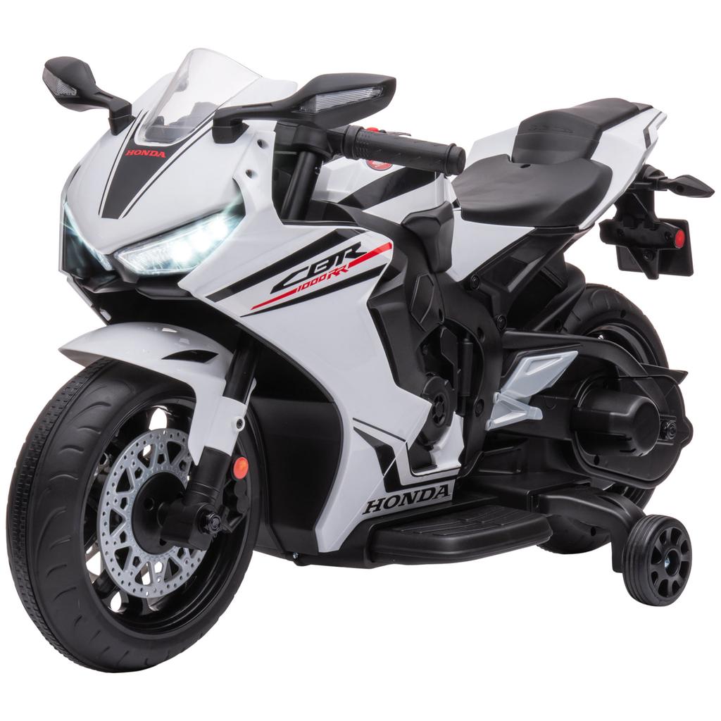 Electric Motorcycle for Children, Honda, 6 V, 3 km/h, Music, Lights, 2 Training Wheels, White