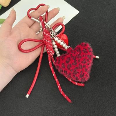 Retro Leopard Y2K Korean Heart Shaped Plush Keychain Pendants Women Charm Bag Pendant Couple Key Ring Gift Key Jewelry