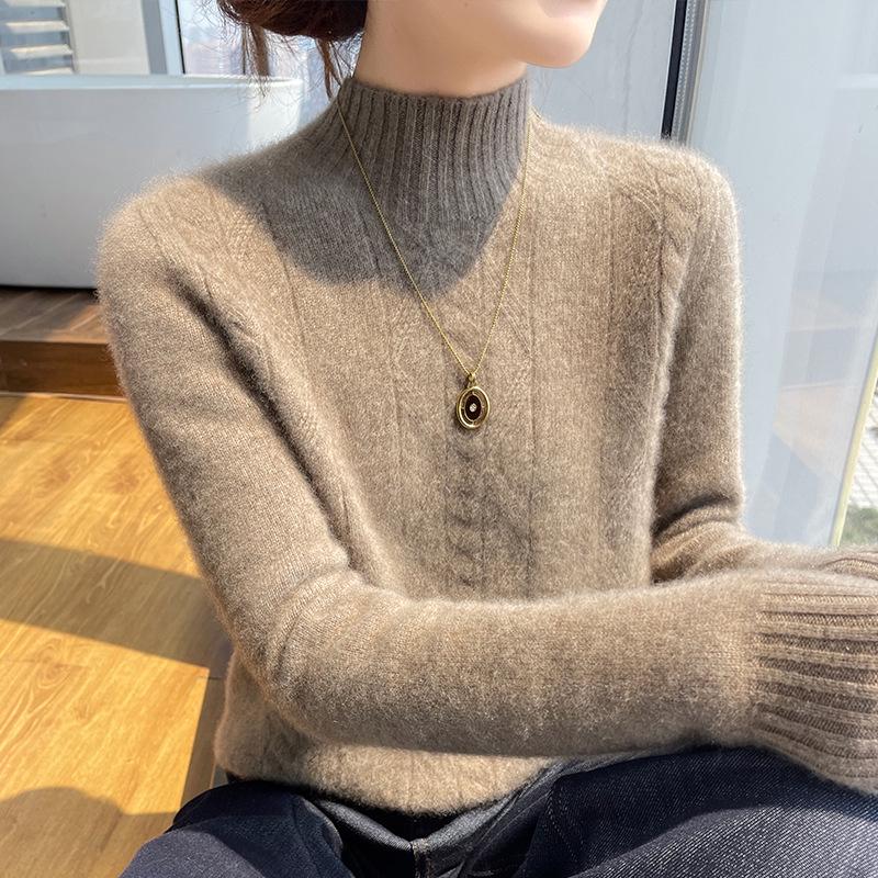 

Женский шерстяной свитер с высоким воротником и ромбовидным узором - Приталенный, универсальный пуловер на осень/зиму L (suitable for 110-120 jin)