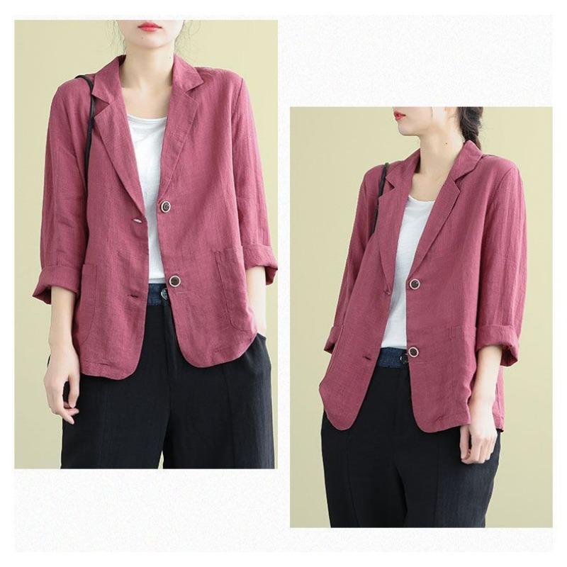 Fashion Casual Cotton and Linen Women Jacket Small Suits 2025 Spring Summer New Loose Long Sleeve Office Blouse Sunscreen Shirt Woman Pockets Clothing