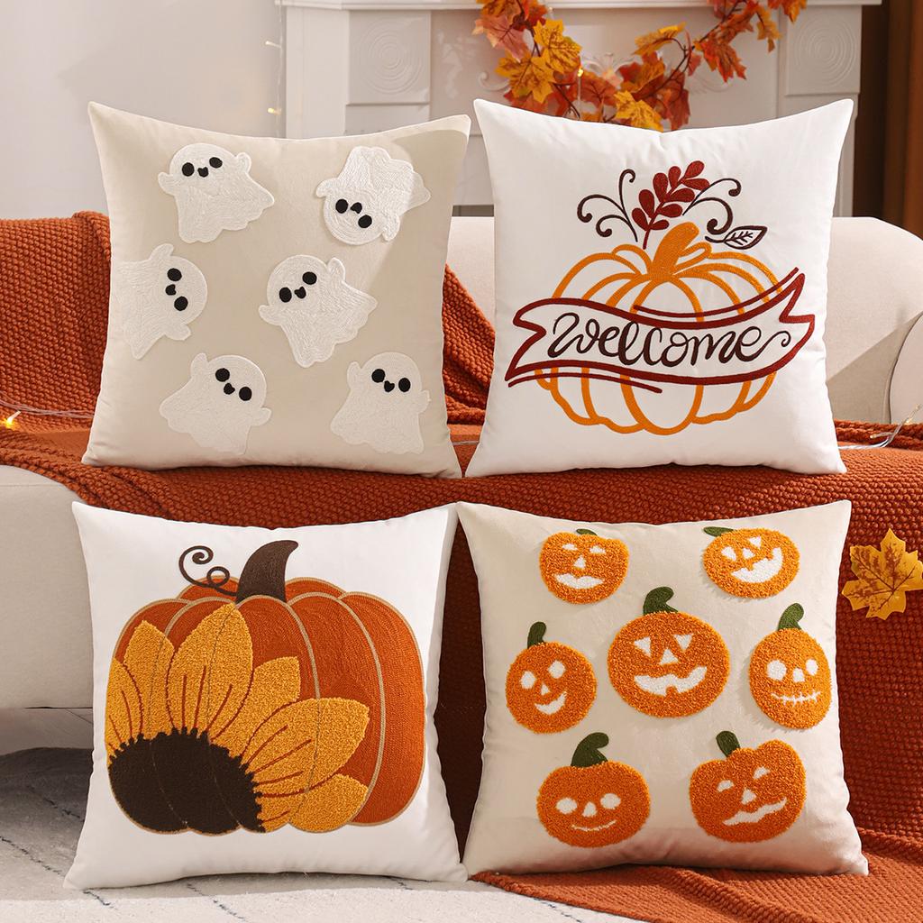 Halloween Fall Embroidered Throw Cover, Velvet Pumpkin Sunflower Design for Couch Sofa Decorative Cushion Case